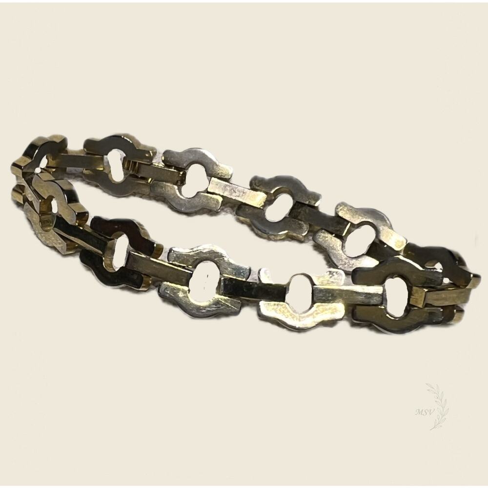 Vintage Gold Tone Geometric Link Bracelet 1970s Modernist